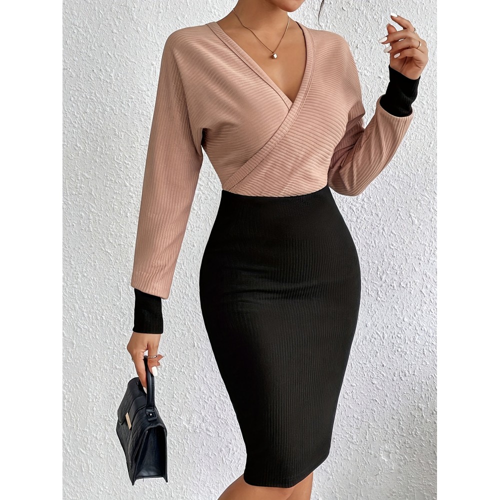 Vestido feminino elegante e moderno com decote em V e uma saia até o chão, adequado para várias ocasiões, como escritório, encontro, saídas casuais, etc.