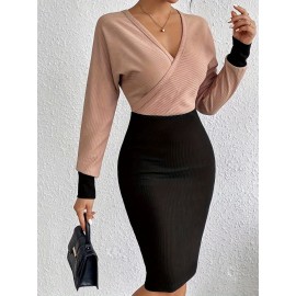 Vestido feminino elegante e moderno com decote em V e uma saia até o chão, adequado para várias ocasiões, como escritório, encontro, saídas casuais, etc.