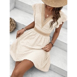 Vestido sem mangas com decote em V e corte A para mulheres, com renda contrastante na barra e amarração na cintura - Estilo leve de férias de verão em bege, perfeito para ocasiões casuais ou passeios de verão, traje de praia | Moda de cor sólida