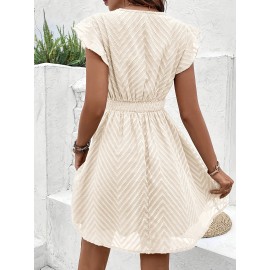 Vestido sem mangas com decote em V e corte A para mulheres, com renda contrastante na barra e amarração na cintura - Estilo leve de férias de verão em bege, perfeito para ocasiões casuais ou passeios de verão, traje de praia | Moda de cor sólida