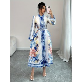 Vestido Casual Feminino com Estampa Floral Inspirado no Oriente Médio e Gola de Lapela - Manga Longa, Vestido A-Line Lavável à Máquina, Uso Versátil para Todas as Estações, Moda do Dia a Dia, Estilo Oriental, Tecido Sem Elasticidade