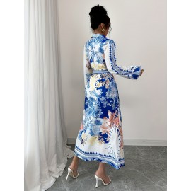 Vestido Casual Feminino com Estampa Floral Inspirado no Oriente Médio e Gola de Lapela - Manga Longa, Vestido A-Line Lavável à Máquina, Uso Versátil para Todas as Estações, Moda do Dia a Dia, Estilo Oriental, Tecido Sem Elasticidade