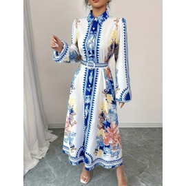 Vestido Casual Feminino com Estampa Floral Inspirado no Oriente Médio e Gola de Lapela - Manga Longa, Vestido A-Line Lavável à Máquina, Uso Versátil para Todas as Estações, Moda do Dia a Dia, Estilo Oriental, Tecido Sem Elasticidade