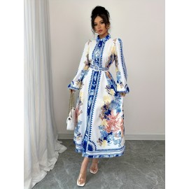 Vestido Casual Feminino com Estampa Floral Inspirado no Oriente Médio e Gola de Lapela - Manga Longa, Vestido A-Line Lavável à Máquina, Uso Versátil para Todas as Estações, Moda do Dia a Dia, Estilo Oriental, Tecido Sem Elasticidade