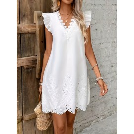 Vestido elegante de decote em V branco com detalhes em renda floral - Sem mangas, corte A, comprimento médio para mulheres, ocasiões casuais a semi-formais, uso em todas as estações