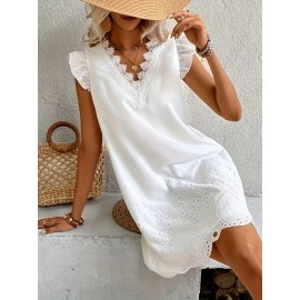 Vestido elegante de decote em V branco com detalhes em renda floral - Sem mangas, corte A, comprimento médio para mulheres, ocasiões casuais a semi-formais, uso em todas as estações