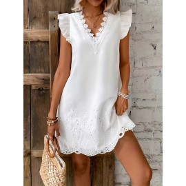 Vestido elegante de decote em V branco com detalhes em renda floral - Sem mangas, corte A, comprimento médio para mulheres, ocasiões casuais a semi-formais, uso em todas as estações