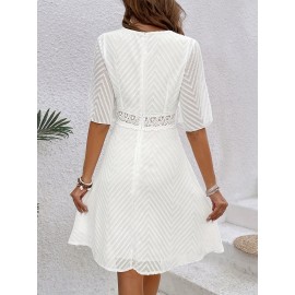Vestido midi elegante com decote em V e folhos com mangas curtas - Vestido midi branco de cor sólida para mulheres, perfeito para ocasiões casuais ou elegantes, vestido fofo