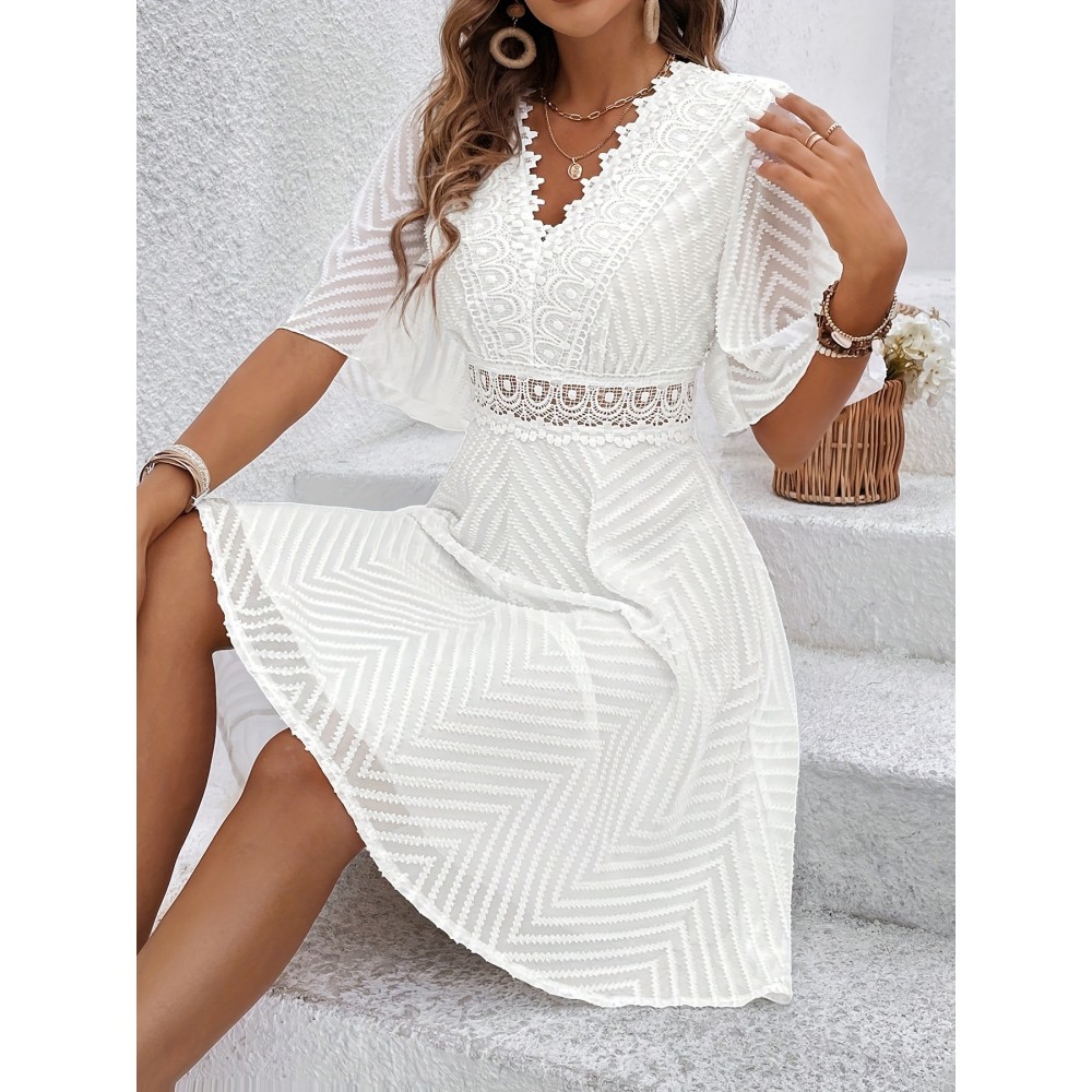 Vestido midi elegante com decote em V e folhos com mangas curtas - Vestido midi branco de cor sólida para mulheres, perfeito para ocasiões casuais ou elegantes, vestido fofo