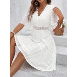 Vestido midi elegante com decote em V e folhos com mangas curtas - Vestido midi branco de cor sólida para mulheres, perfeito para ocasiões casuais ou elegantes, vestido fofo