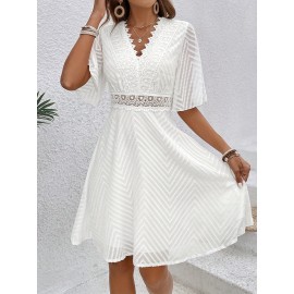 Vestido midi elegante com decote em V e folhos com mangas curtas - Vestido midi branco de cor sólida para mulheres, perfeito para ocasiões casuais ou elegantes, vestido fofo