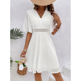 Vestido midi elegante com decote em V e folhos com mangas curtas - Vestido midi branco de cor sólida para mulheres, perfeito para ocasiões casuais ou elegantes, vestido fofo
