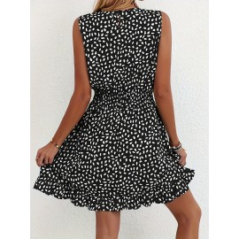 Vestido A-Line Azul Marinho e Branco com Bolinhas para Mulheres - Manga Curta, Gola Redonda com Detalhe Franzido, Lavável à Máquina, Uso Casual a Semi-Formal em Todas as Estações, Tecido Suave, Material Não Elástico, Adulto