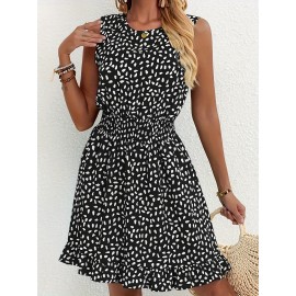 Vestido A-Line Azul Marinho e Branco com Bolinhas para Mulheres - Manga Curta, Gola Redonda com Detalhe Franzido, Lavável à Máquina, Uso Casual a Semi-Formal em Todas as Estações, Tecido Suave, Material Não Elástico, Adulto