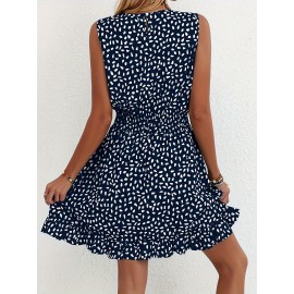 Vestido A-Line Azul Marinho e Branco com Bolinhas para Mulheres - Manga Curta, Gola Redonda com Detalhe Franzido, Lavável à Máquina, Uso Casual a Semi-Formal em Todas as Estações, Tecido Suave, Material Não Elástico, Adulto