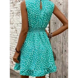 Vestido A-Line Azul Marinho e Branco com Bolinhas para Mulheres - Manga Curta, Gola Redonda com Detalhe Franzido, Lavável à Máquina, Uso Casual a Semi-Formal em Todas as Estações, Tecido Suave, Material Não Elástico, Adulto