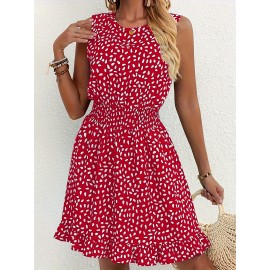 Vestido A-Line Azul Marinho e Branco com Bolinhas para Mulheres - Manga Curta, Gola Redonda com Detalhe Franzido, Lavável à Máquina, Uso Casual a Semi-Formal em Todas as Estações, Tecido Suave, Material Não Elástico, Adulto