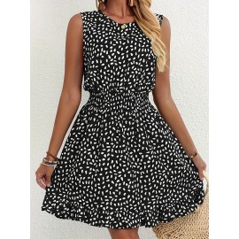 Vestido A-Line Azul Marinho e Branco com Bolinhas para Mulheres - Manga Curta, Gola Redonda com Detalhe Franzido, Lavável à Máquina, Uso Casual a Semi-Formal em Todas as Estações, Tecido Suave, Material Não Elástico, Adulto
