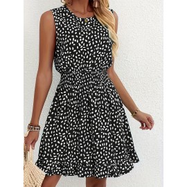 Vestido A-Line Azul Marinho e Branco com Bolinhas para Mulheres - Manga Curta, Gola Redonda com Detalhe Franzido, Lavável à Máquina, Uso Casual a Semi-Formal em Todas as Estações, Tecido Suave, Material Não Elástico, Adulto
