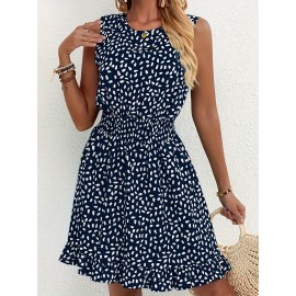 Vestido A-Line Azul Marinho e Branco com Bolinhas para Mulheres - Manga Curta, Gola Redonda com Detalhe Franzido, Lavável à Máquina, Uso Casual a Semi-Formal em Todas as Estações, Tecido Suave, Material Não Elástico, Adulto