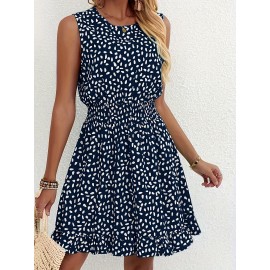 Vestido A-Line Azul Marinho e Branco com Bolinhas para Mulheres - Manga Curta, Gola Redonda com Detalhe Franzido, Lavável à Máquina, Uso Casual a Semi-Formal em Todas as Estações, Tecido Suave, Material Não Elástico, Adulto