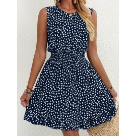 Vestido A-Line Azul Marinho e Branco com Bolinhas para Mulheres - Manga Curta, Gola Redonda com Detalhe Franzido, Lavável à Máquina, Uso Casual a Semi-Formal em Todas as Estações, Tecido Suave, Material Não Elástico, Adulto