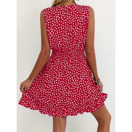 Vestido A-Line Azul Marinho e Branco com Bolinhas para Mulheres - Manga Curta, Gola Redonda com Detalhe Franzido, Lavável à Máquina, Uso Casual a Semi-Formal em Todas as Estações, Tecido Suave, Material Não Elástico, Adulto