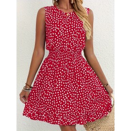 Vestido A-Line Azul Marinho e Branco com Bolinhas para Mulheres - Manga Curta, Gola Redonda com Detalhe Franzido, Lavável à Máquina, Uso Casual a Semi-Formal em Todas as Estações, Tecido Suave, Material Não Elástico, Adulto