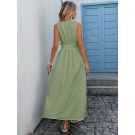 Vestido casual sem mangas em bege para mulher com detalhe em renda - Perfeito para férias e vestuário casual, estilo de verão, decote cruzado, design ajustado, vestuário casual|Vestido de férias|Detalhe em renda, vestido de praia