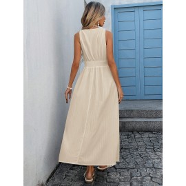 Vestido casual sem mangas em bege para mulher com detalhe em renda - Perfeito para férias e vestuário casual, estilo de verão, decote cruzado, design ajustado, vestuário casual|Vestido de férias|Detalhe em renda, vestido de praia