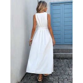 Vestido casual sem mangas em bege para mulher com detalhe em renda - Perfeito para férias e vestuário casual, estilo de verão, decote cruzado, design ajustado, vestuário casual|Vestido de férias|Detalhe em renda, vestido de praia