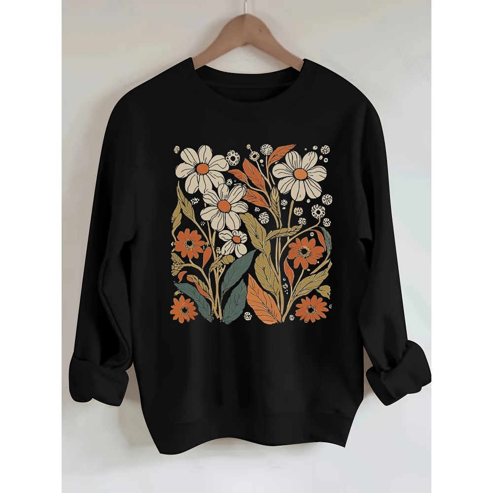 1pc Camisola Feminina Estampada Floral Gola Careca - Moletom Casual de Algodão Mesclado Manga Longa com Leve Elasticidade, Tecido de Malha para Todas as Estações, Comprimento Regular