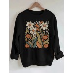 1pc Camisola Feminina Estampada Floral Gola Careca - Moletom Casual de Algodão Mesclado Manga Longa com Leve Elasticidade, Tecido de Malha para Todas as Estações, Comprimento Regular