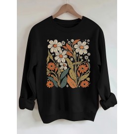 1pc Camisola Feminina Estampada Floral Gola Careca - Moletom Casual de Algodão Mesclado Manga Longa com Leve Elasticidade, Tecido de Malha para Todas as Estações, Comprimento Regular