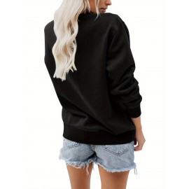 Camisola de manga comprida e gola redonda para mulher, corte regular, com estampa de alfabeto alegre e brilhante, para pulôver de todas as estações, confortável, lavável à máquina, 430g