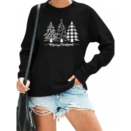 Camisola Com Estampa De Árvore De Natal, Suéter Casual De Manga Comprida Com Gola Redonda, Roupas Femininas