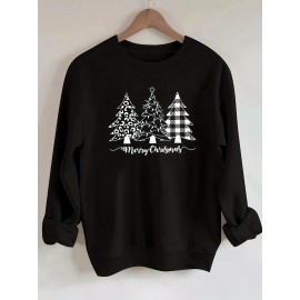 Camisola Com Estampa De Árvore De Natal, Suéter Casual De Manga Comprida Com Gola Redonda, Roupas Femininas