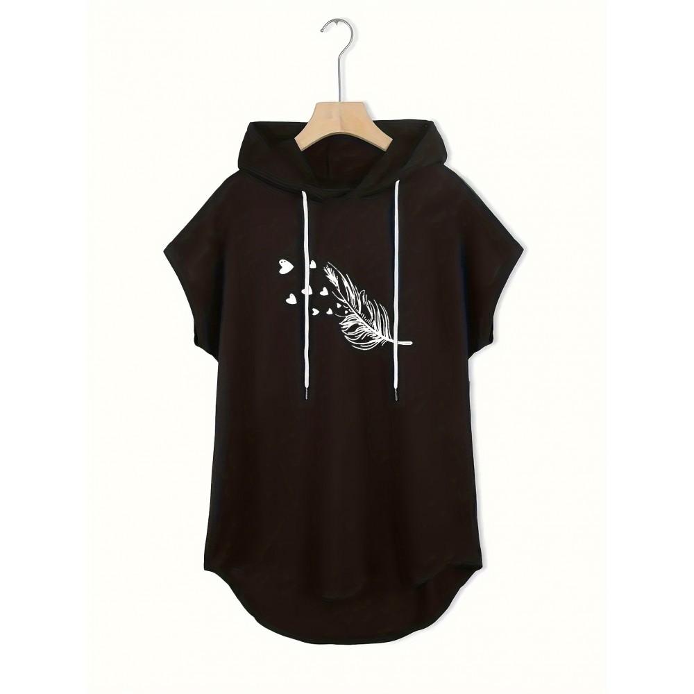 Moletom Feminino com Capuz e Mangas Morcego - Pulôver de Verão Leve com Cordão Ajustável, Top Casual de Manga Curta, Lavável à Máquina, Caimento Regular
