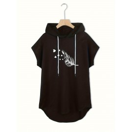 Moletom Feminino com Capuz e Mangas Morcego - Pulôver de Verão Leve com Cordão Ajustável, Top Casual de Manga Curta, Lavável à Máquina, Caimento Regular
