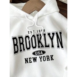 Moleca de Brooklyn Nova Iorque com Gráfico de Manga Longa - Sweatshirt de Pulôver, Estilo Desportivo Casual, Branco com Impressão Preta, Perfeito para Atividades ao Ar Livre no Outono/Inverno, Vestuário Casual com Capuz | Pulôver Desportivo | Ajuste Confo