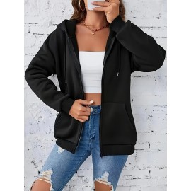 Jaqueta Casual Feminina com Forro de Fleece e Capuz, Casaco de Inverno de Manga Longa para Outono & Inverno, Roupa Externa Lavável à Máquina em Cor Sólida, Jaqueta Esportiva com Zíper Durável