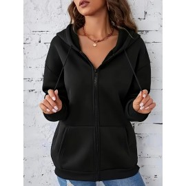 Jaqueta Casual Feminina com Forro de Fleece e Capuz, Casaco de Inverno de Manga Longa para Outono & Inverno, Roupa Externa Lavável à Máquina em Cor Sólida, Jaqueta Esportiva com Zíper Durável