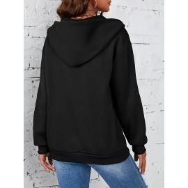 Jaqueta Casual Feminina com Forro de Fleece e Capuz, Casaco de Inverno de Manga Longa para Outono & Inverno, Roupa Externa Lavável à Máquina em Cor Sólida, Jaqueta Esportiva com Zíper Durável