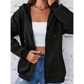 Jaqueta Casual Feminina com Forro de Fleece e Capuz, Casaco de Inverno de Manga Longa para Outono & Inverno, Roupa Externa Lavável à Máquina em Cor Sólida, Jaqueta Esportiva com Zíper Durável