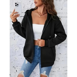Jaqueta Casual Feminina com Forro de Fleece e Capuz, Casaco de Inverno de Manga Longa para Outono & Inverno, Roupa Externa Lavável à Máquina em Cor Sólida, Jaqueta Esportiva com Zíper Durável