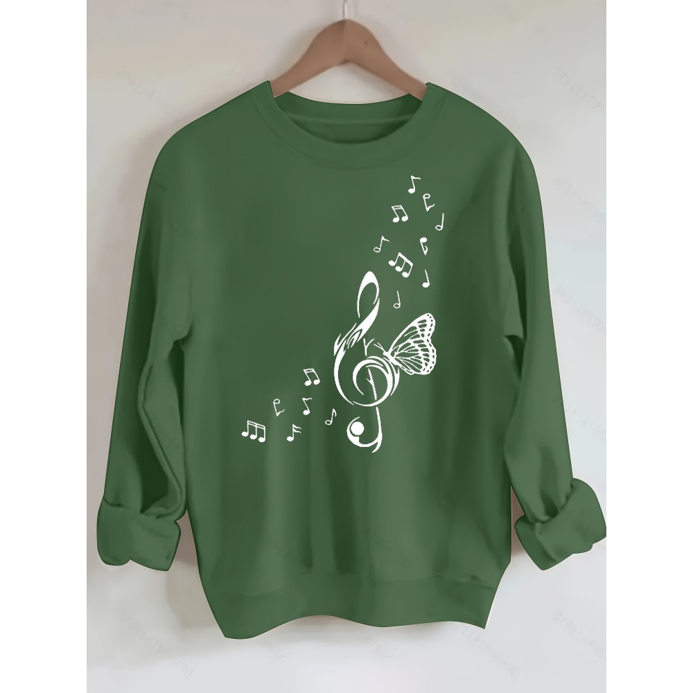 Moletom Feminino Aconchegante com Estampa de Borboleta & Nota Musical - Manga Longa, Gola Redonda, Mistura, Lavável à Máquina - Pulôver Verde Casual, BANGELY