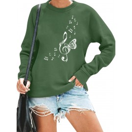 Moletom Feminino Aconchegante com Estampa de Borboleta & Nota Musical - Manga Longa, Gola Redonda, Mistura, Lavável à Máquina - Pulôver Verde Casual, BANGELY