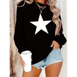 1pc Blusa Feminina Casual de Algodão com Estampa de Estrelas Geométricas - Tecido de Malha Levemente Elástico, Forro de Fleece, Manga Longa para Outono/Inverno