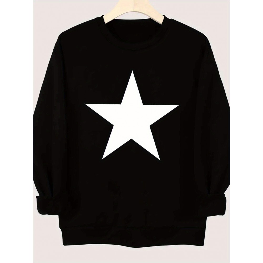 1pc Blusa Feminina Casual de Algodão com Estampa de Estrelas Geométricas - Tecido de Malha Levemente Elástico, Forro de Fleece, Manga Longa para Outono/Inverno