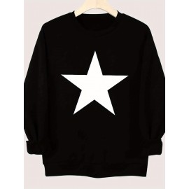 1pc Blusa Feminina Casual de Algodão com Estampa de Estrelas Geométricas - Tecido de Malha Levemente Elástico, Forro de Fleece, Manga Longa para Outono/Inverno